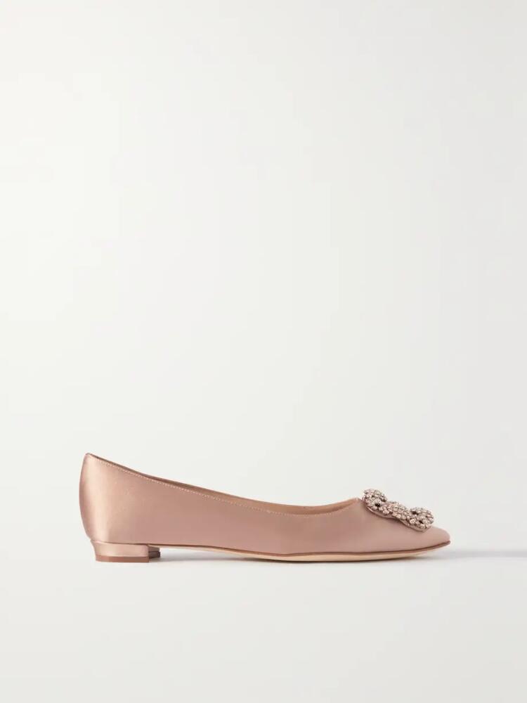 Manolo Blahnik - Hangisi Crystal-embellished Satin Point-toe Flats - Neutrals Cover