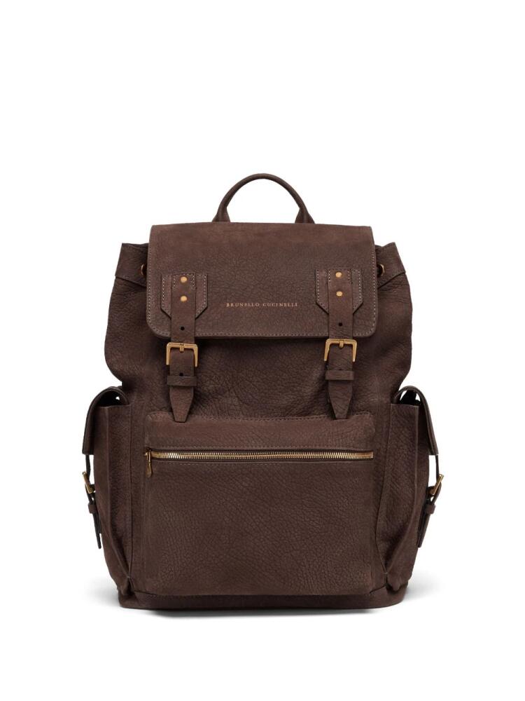 Brunello Cucinelli logo-stamp leather backpack - Brown Cover