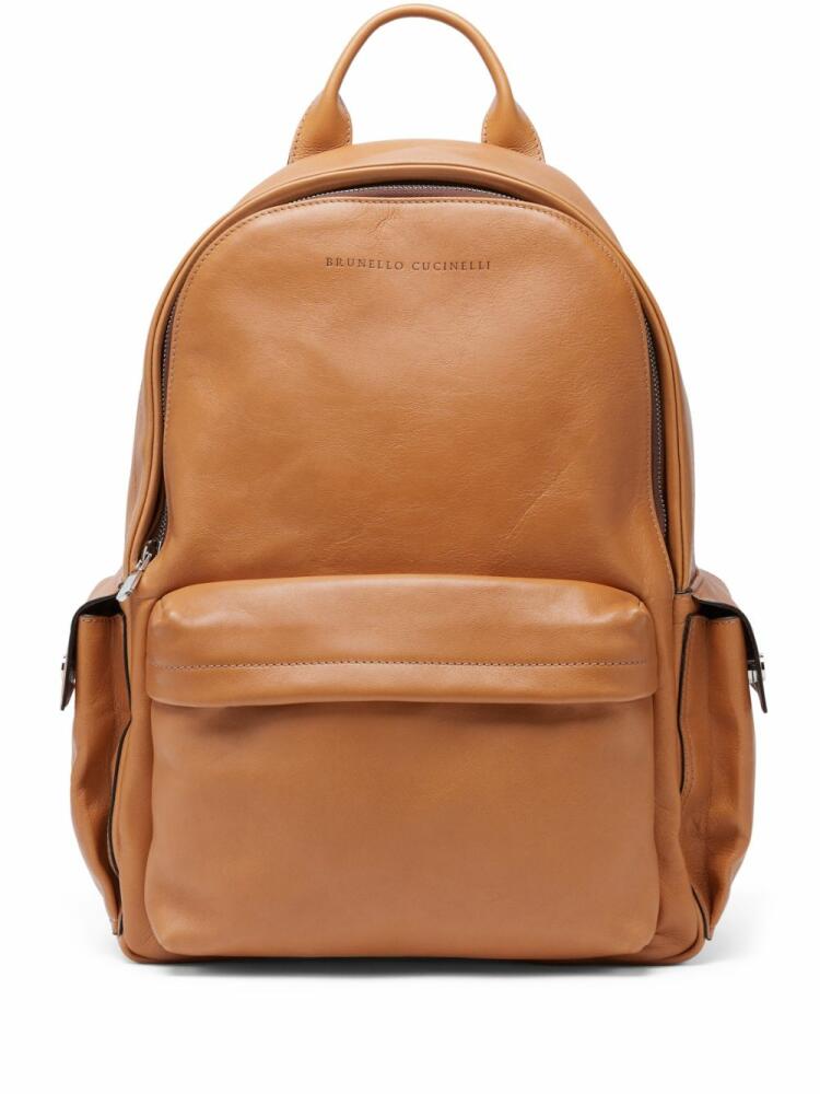 Brunello Cucinelli logo-debossed leather backpack - Neutrals Cover