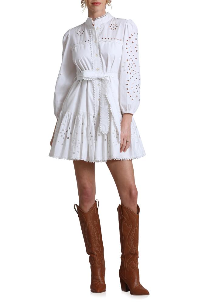 Avec Les Filles Eyelet Tie Belt Long Sleeve Mini Shirtdress in White Cover