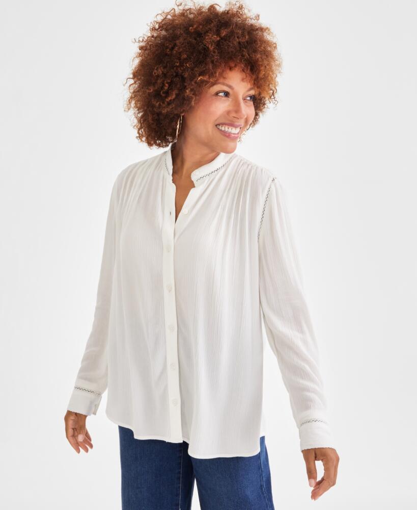 Style & Co Women's Lace-Inset Button-Front Blouse, Created for Macy's - Natural Cover