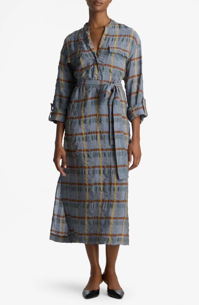 St. John Collection Check Belted Seersucker Midi Shirtdress in Tahoe Slate/Saddle Multi Cover