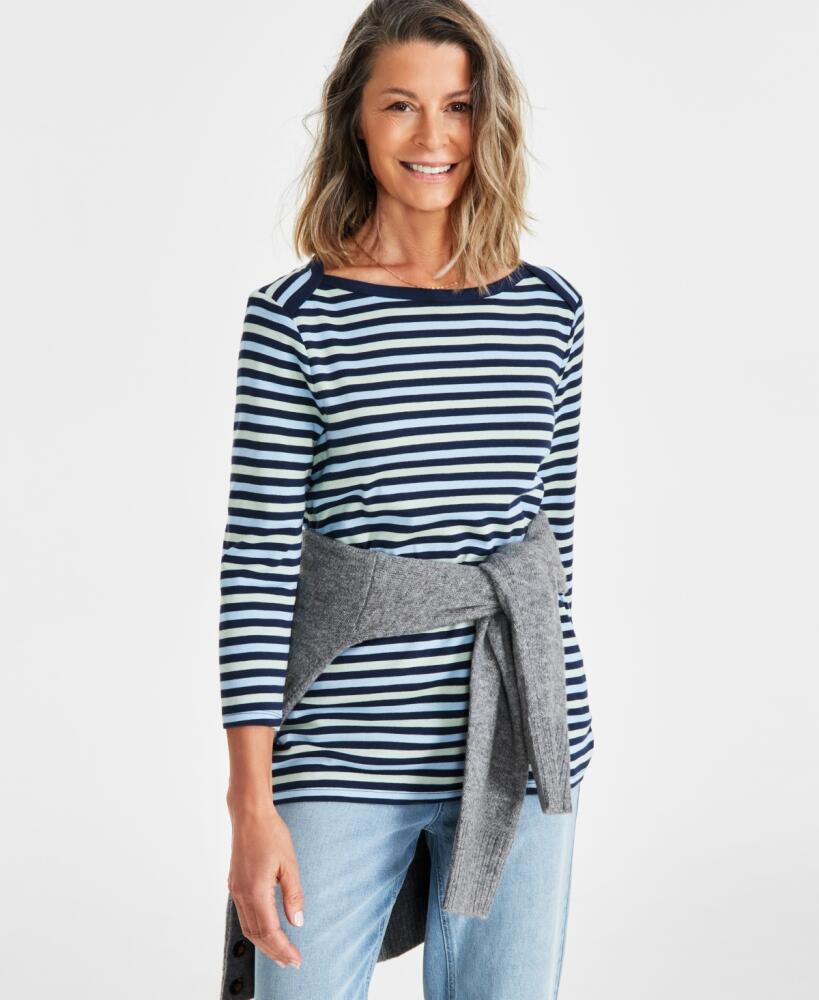 Style & Co Women's Pima Cotton Striped 3/4-Sleeve Top, Created for Macy's - Blue Stripe Cover