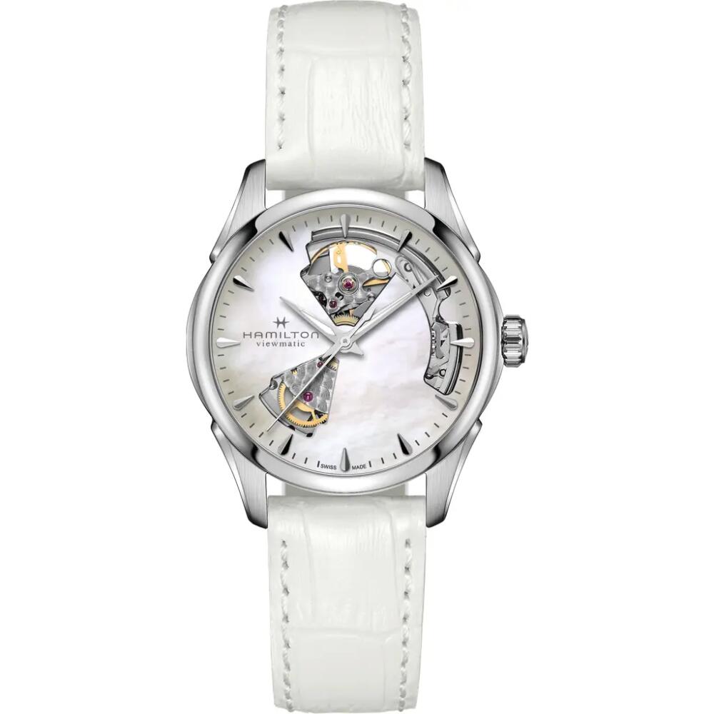 Hamilton Jazzmaster Open Heart Leather Strap Watch, 36mm in White/Silver Cover