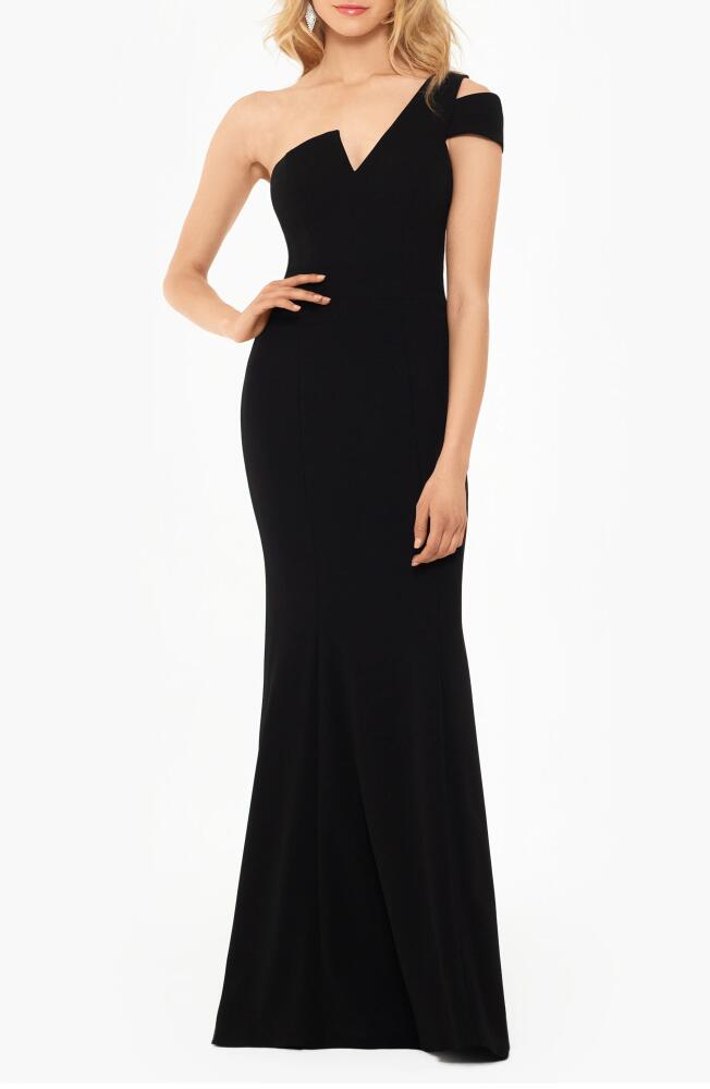 Betsy & Adam One-Shoulder Scuba Crepe Gown in Black Cover