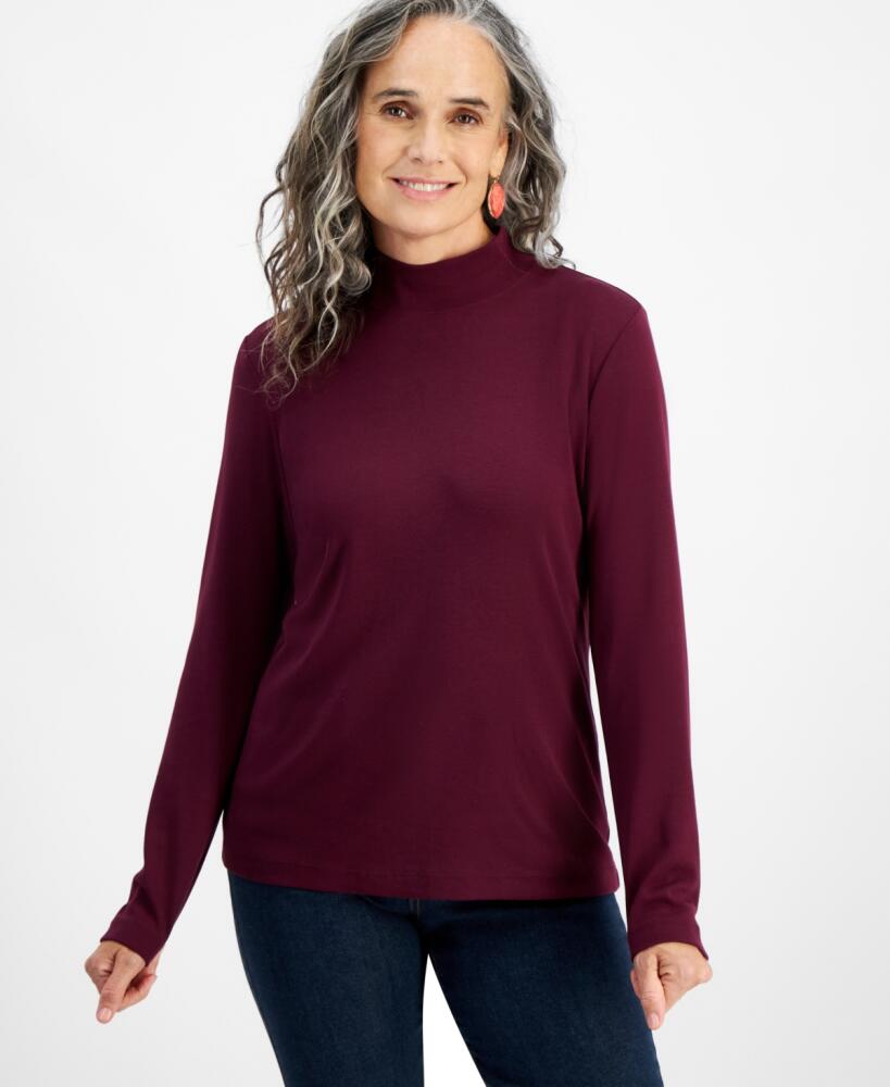 Style & Co Women's Cotton Mock-Neck Long-Sleeve Tee, Created for Macy's - Berried Treasur Cover