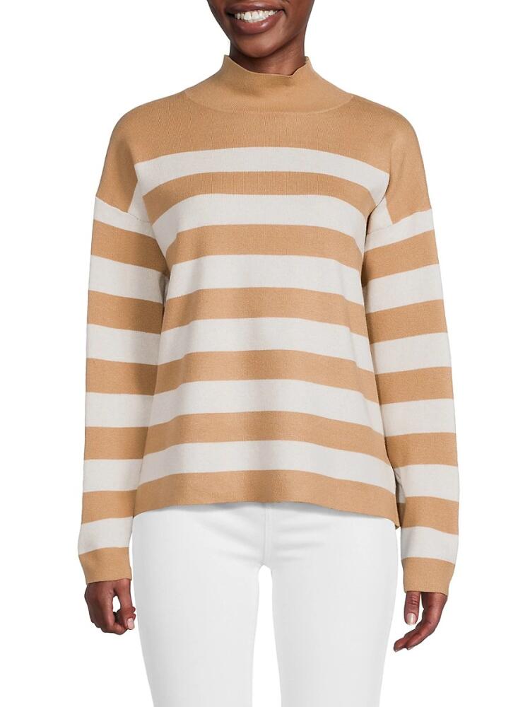 Elie Elie Tahari Women's Stripe Mockneck Sweater - Camel White Cover