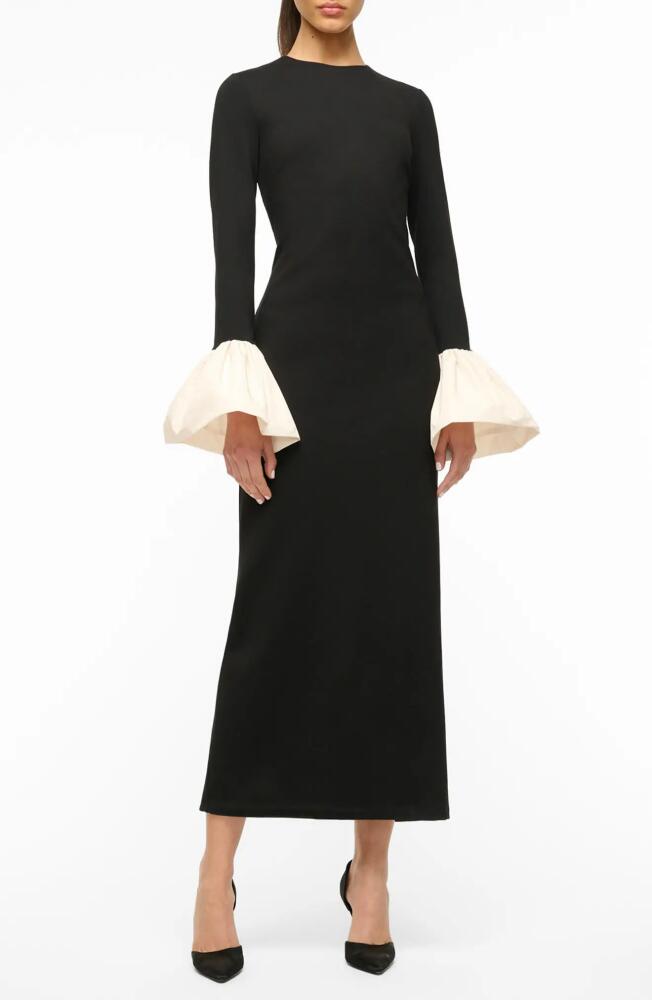 STAUD Hawthorne Contrast Ruffle Long Sleeve Sheath Gown in Black/Ivory Cover