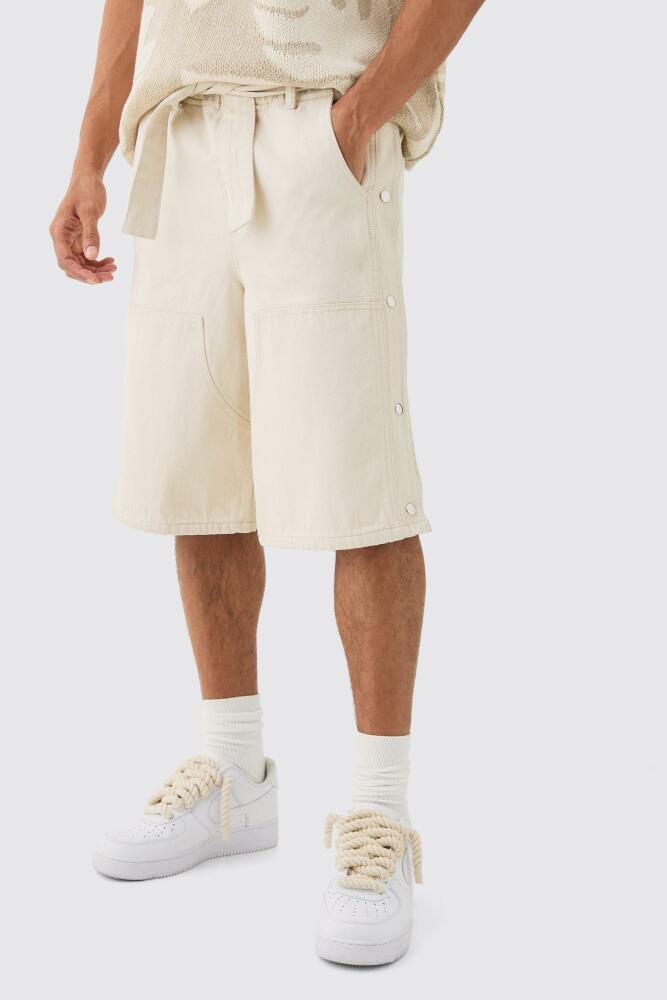 boohoo Mens Elasticated Waist Relaxed Popper Detail Carpenter Denim Jorts In Ecru - Cream Cover