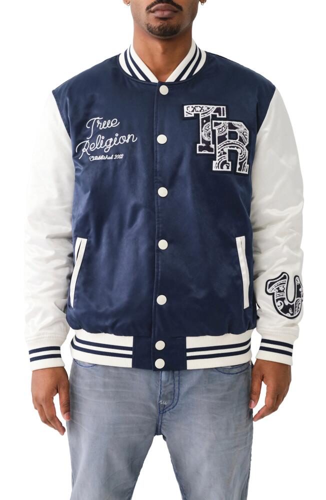 True Religion Brand Jeans Souvenir Satin Snap-Up Varsity Jacket in Dress Blue /Winter White Cover