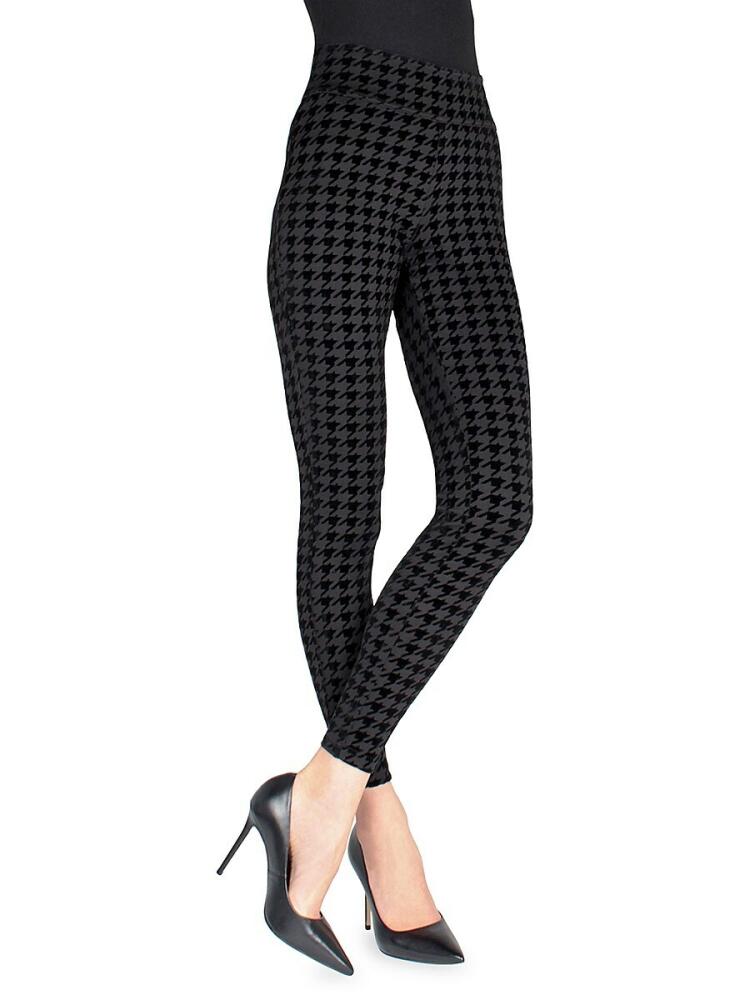 Memoi Women's Houndstooth Faux Suede Shaping Leggings - Black Cover