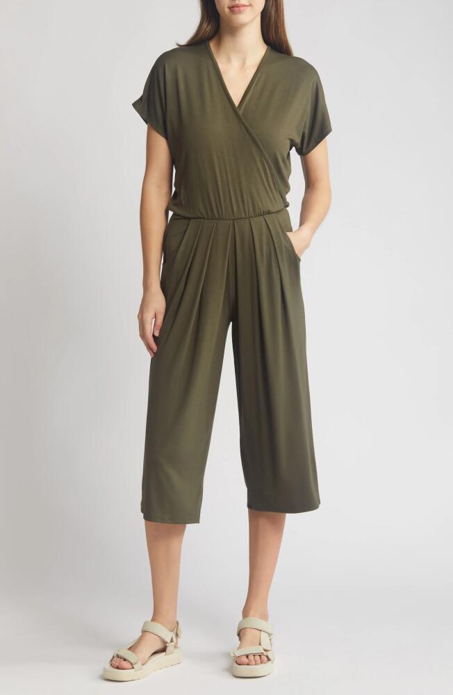 Loveappella Short Sleeve Wrap Front Crop Jumpsuit in Olive Cover