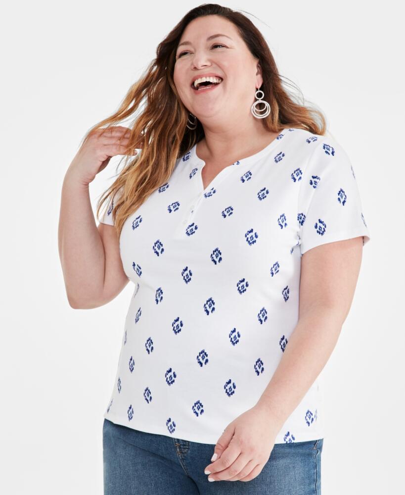 Style & Co Plus Size Printed Short-Sleeve Henley Top, Created for Macy's - Ikat White Cover