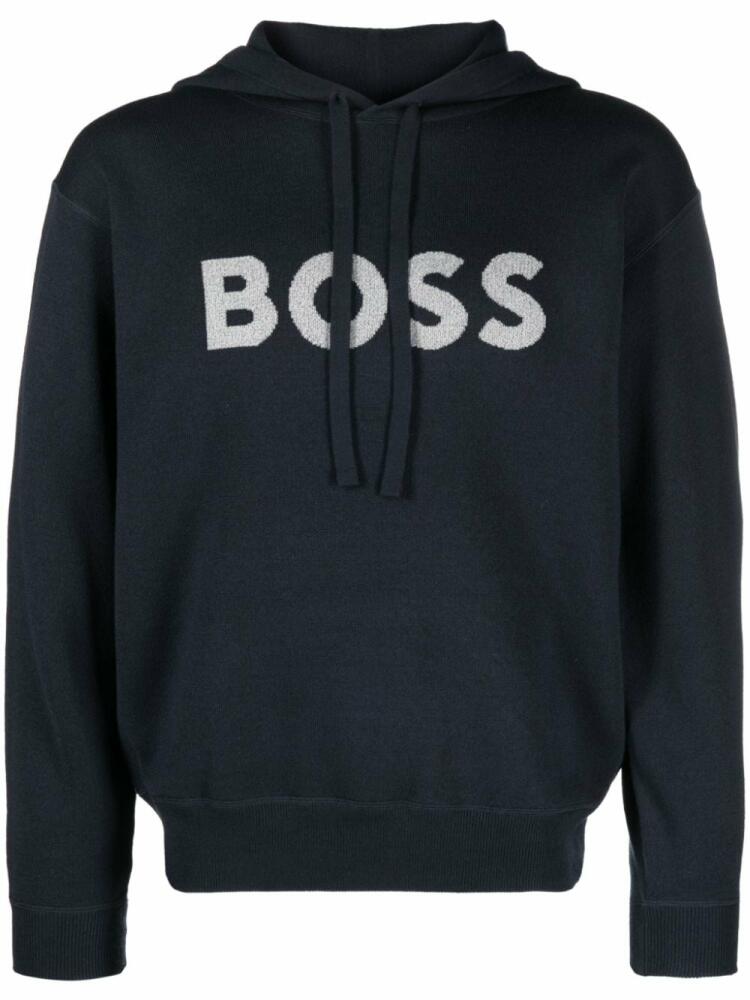 BOSS logo-embroidered long-sleeve hoodie - Blue Cover