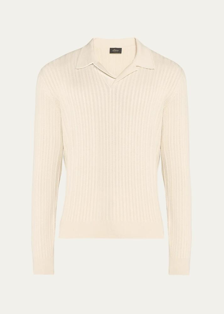 Brioni Men's Ribbed Herringbone Cotton Polo Sweater Cover