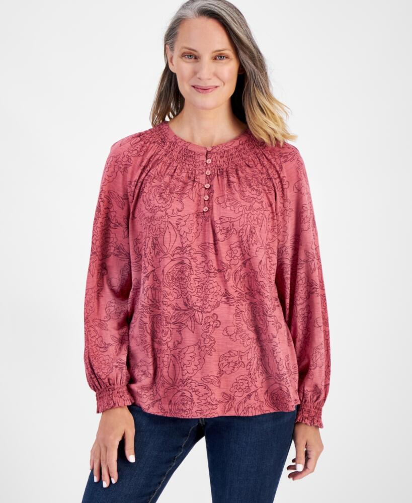 Style & Co Women's Long-Sleeve Smocked-Shoulder Top, Created for Macy's - Strawberry Floral Cover