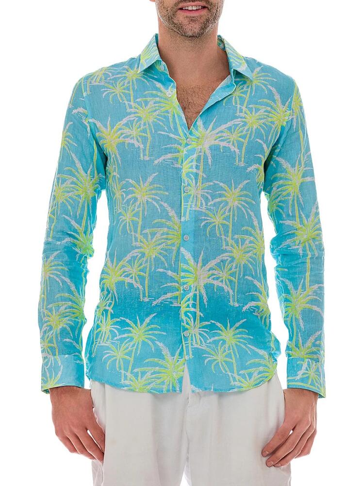 Ranee's Men's Palm Print Linen Shirt - Blue Cover