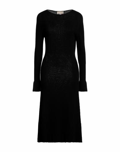 120% Lino Woman Midi dress Black Cashmere, Virgin Wool Cover