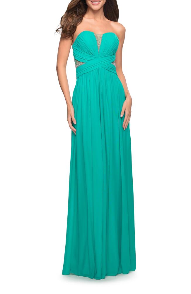 La Femme Stunning Beaded Strapless Mesh & Jersey Gown in Spearmint Cover