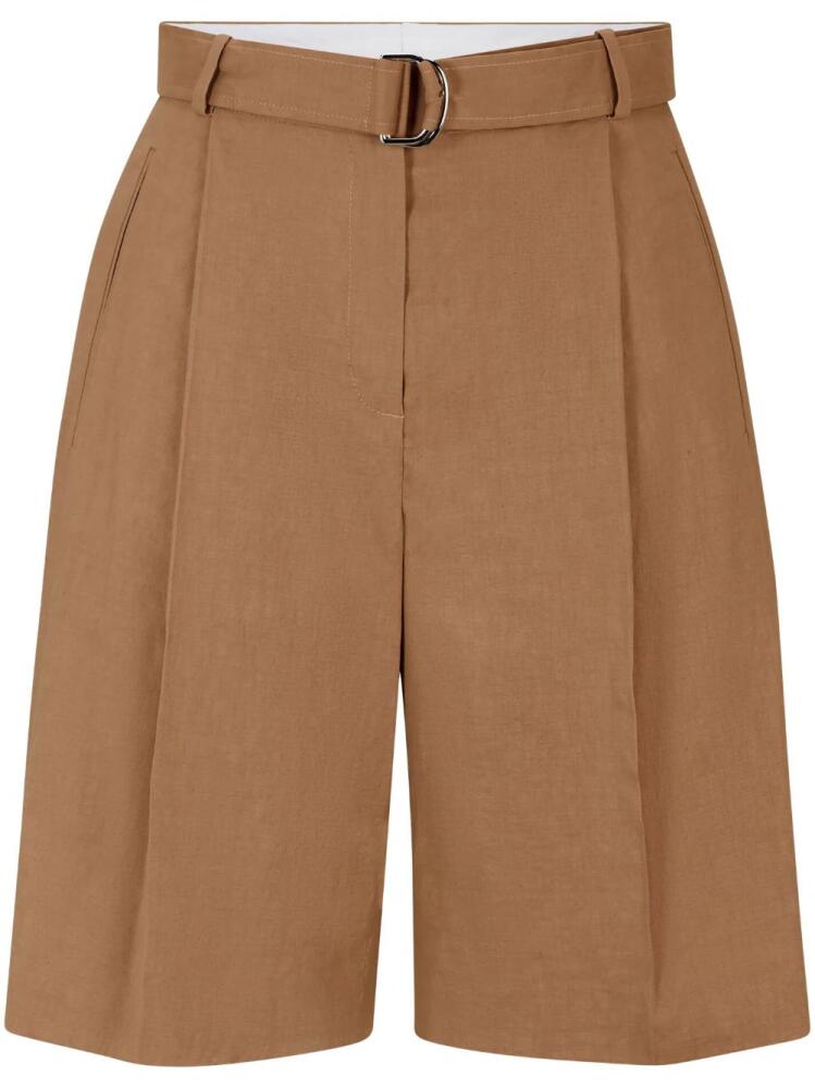 BOSS belted linen-blend tailored shorts - Brown Cover