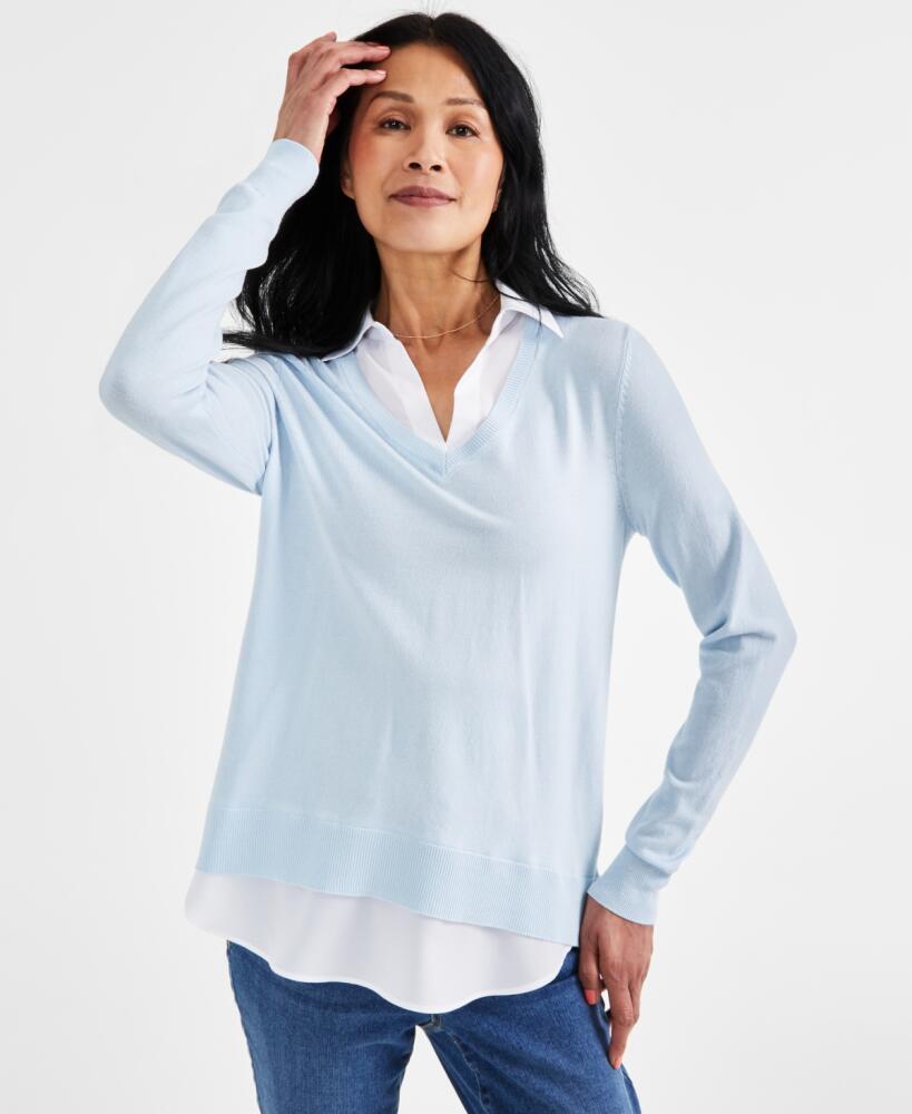 Style & Co Petite Two for One V-Neck Pullover Sweater, Created for Macy's - Cool Dusk Cover