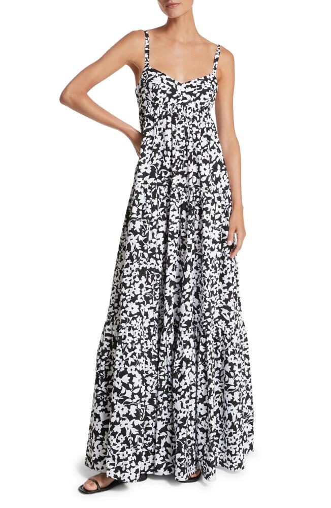 Michael Kors Collection Floral Print Tiered Cotton Poplin Maxi Dress in Black/Optic White Cover