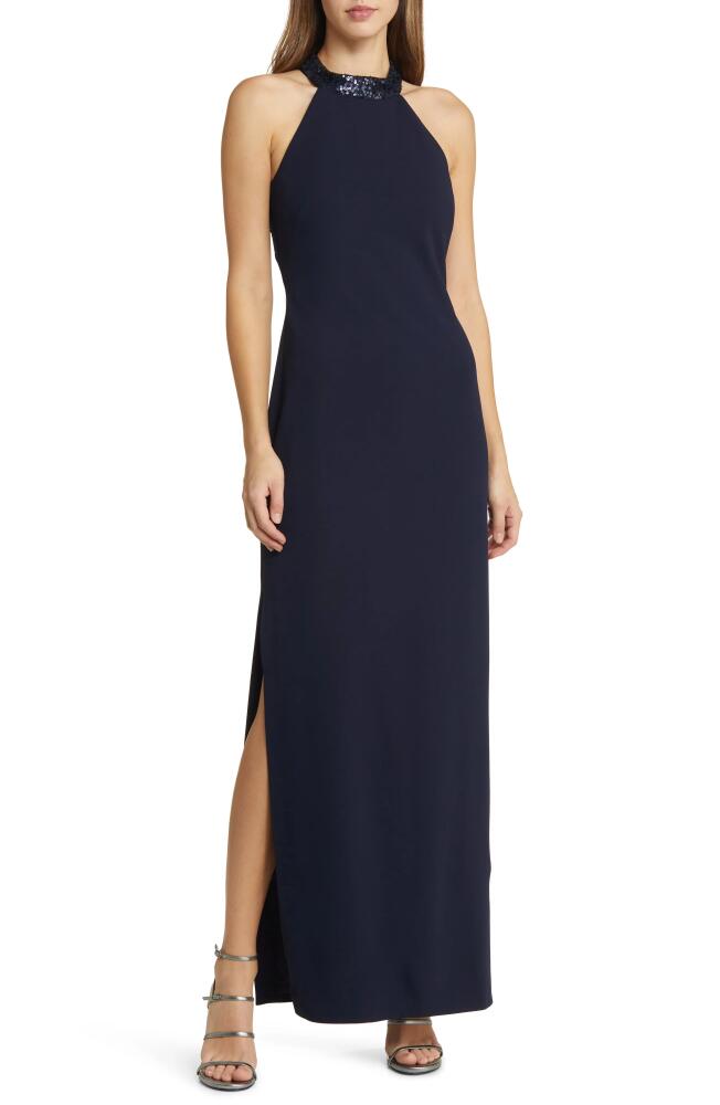 Vince Camuto Sequin Neck Column Gown in Navy Cover