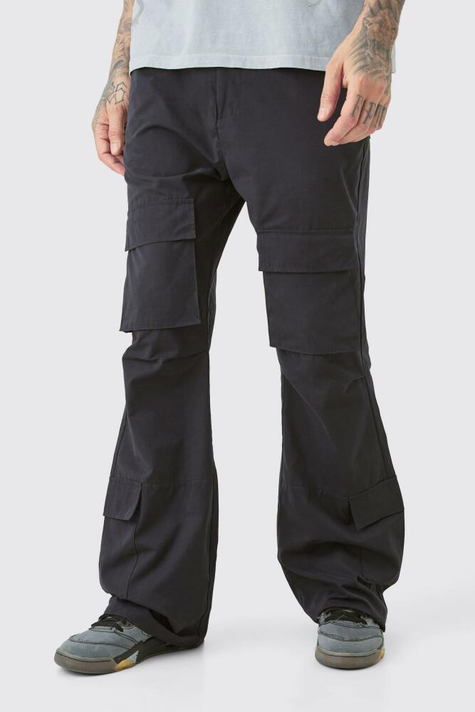 boohoo Mens Tall Fixed Waist Relaxed Peached Flare Cargo Pants - Black Cover