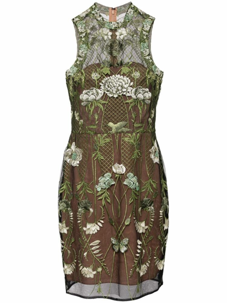 Marchesa Notte floral-embroidered tulle mini dress - Green Cover