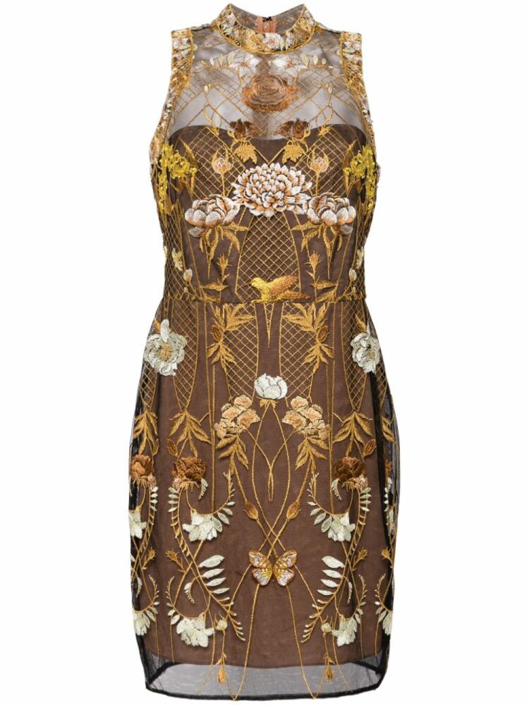 Marchesa Notte floral-embroidered tulle mini dress - Yellow Cover