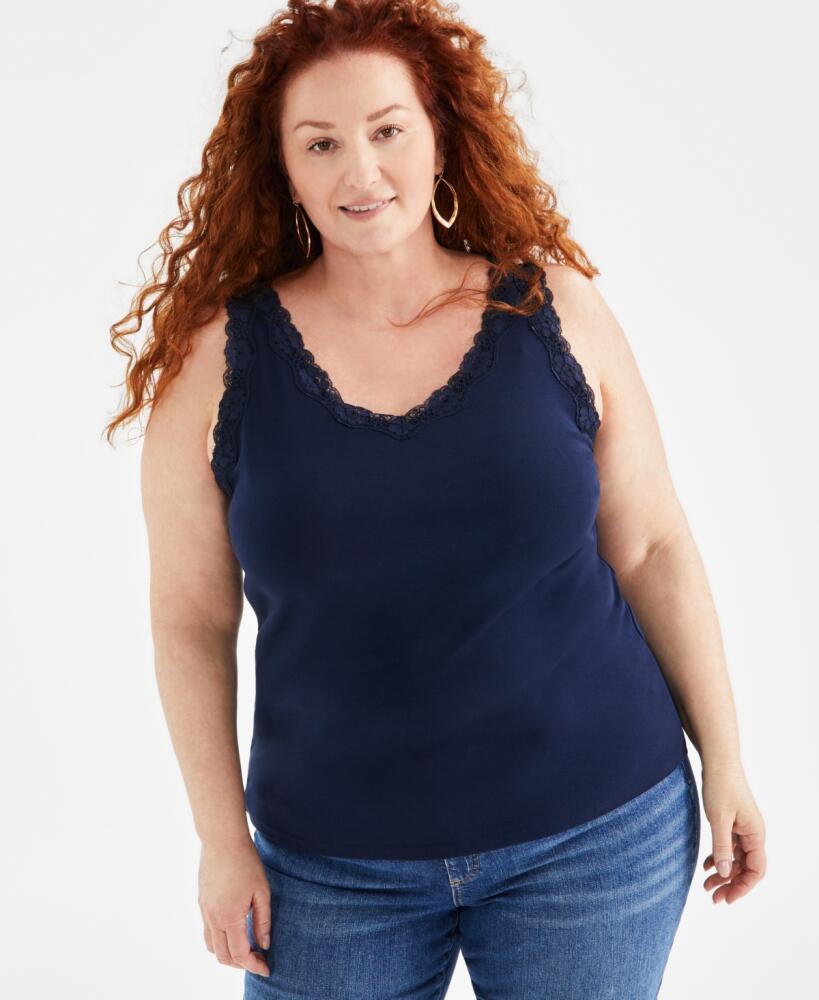 Style & Co Plus Size Lace-Trimmed Tank Top, Created for Macy's - Industrial Blue Cover