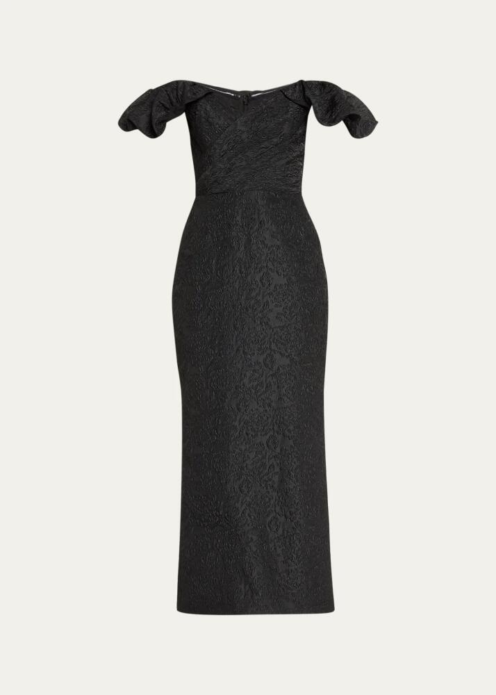 Marchesa Notte Off-Shoulder Jacquard Midi Dress Cover