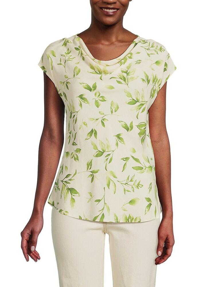 Renee C. Women's Leaf Print Cowlneck Linen Blend Top - Green Cover