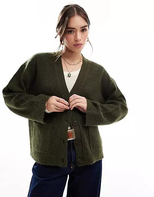 ASOS DESIGN boxy cardigan with V-neck and pocket detail in khaki-Green Cover