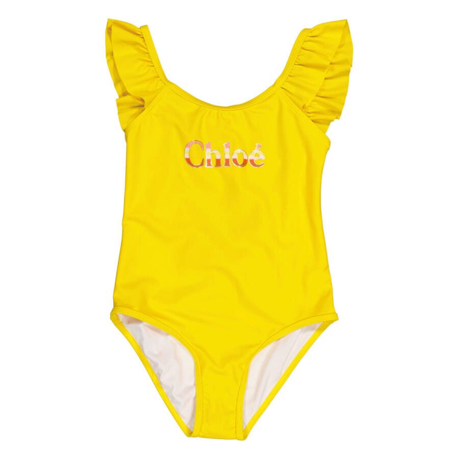 Chloe Girls Ochre Logo Print Ruffle-Trim One-Piece Swimsuit Cover