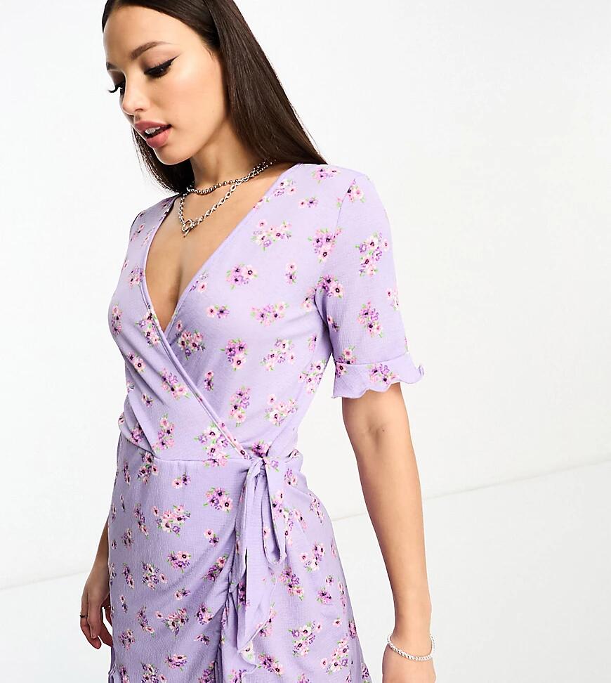 JDY Tall exclusive wrap mini tea dress in lilac vintage floral-Purple Cover