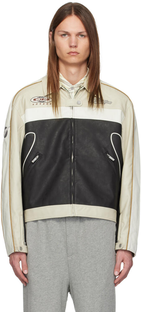 C2H4 Beige & Black Aviation Motorbike Faux-Leather Jacket Cover