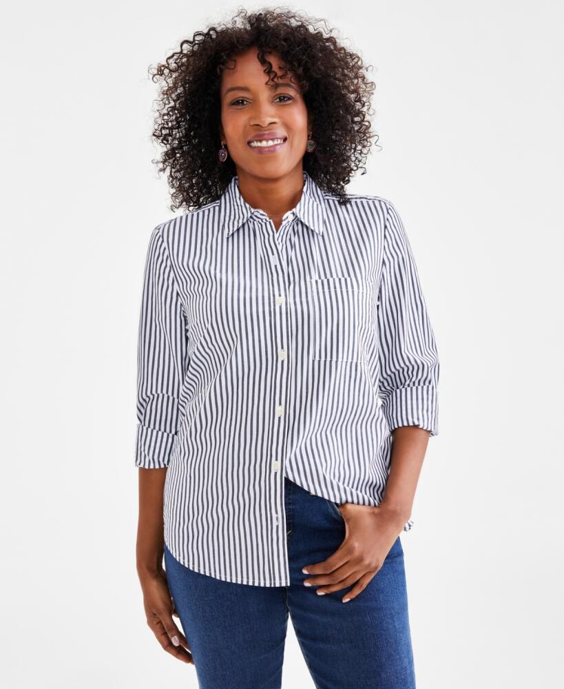 Style & Co Women's Cotton Buttoned-Up Shirt, Created for Macy's - Stripe White Cover