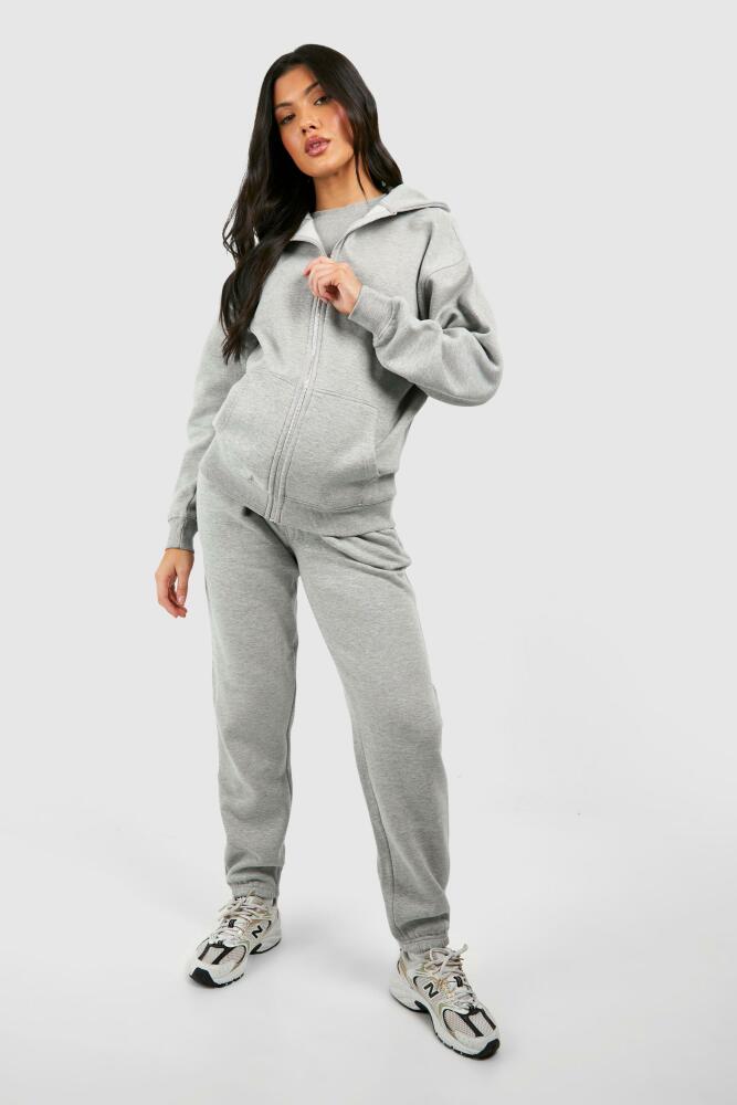 boohoo Womens Maternity Ribbed Fitted T-Shirt 3 Piece Hooded Tracksuit - Grey Cover