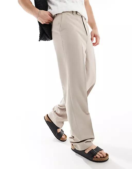 ASOS DESIGN smart high rise straight leg pants in stone-Neutral Cover