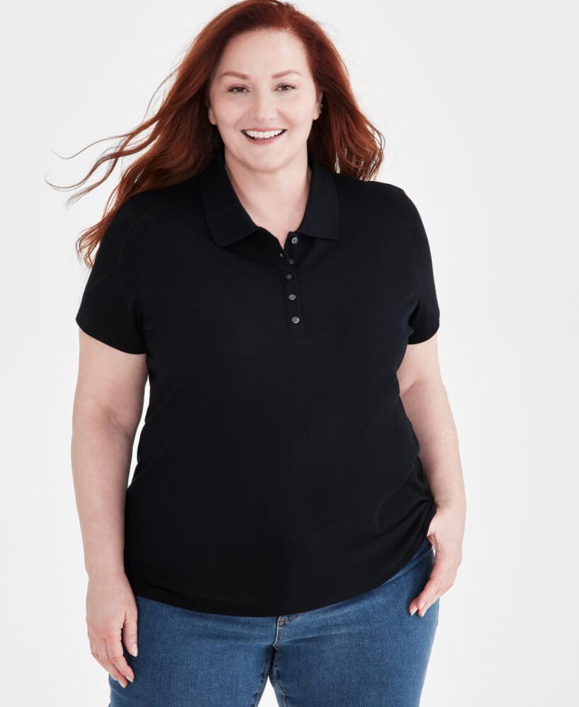 Style & Co Plus Size Solid Cotton Polo Shirt, Created for Macy's - Deep Black Cover