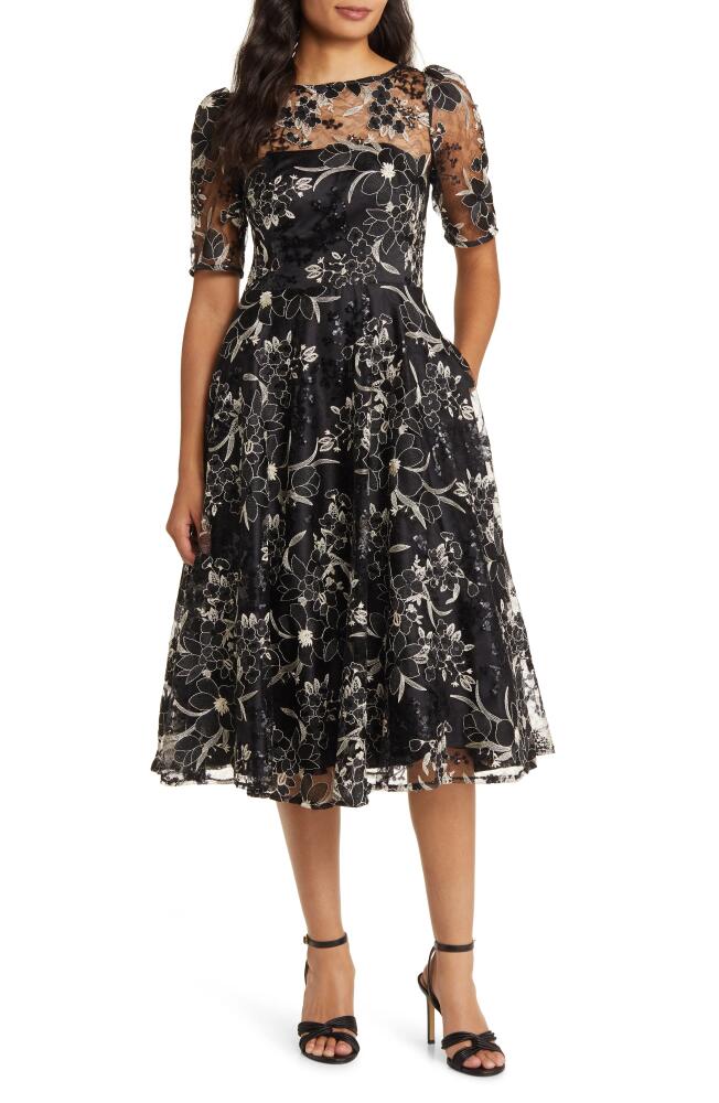 Eliza J Sequin Floral Embroidery Fit & Flare Cocktail Midi Dress in Black Cover