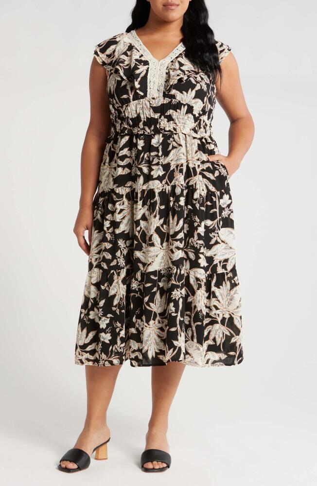 Tahari ASL Foliage Print Cap Sleeve Midi Dress in Black Natural Cover