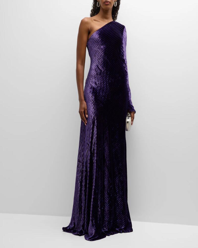 Naeem Khan Metallic Striped Velvet One-Shoulder Long-Sleeve Gown Cover