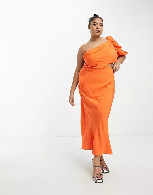 ASOS DESIGN Curve washed one shoulder maxi dress with cut out side waist detail in orange Cover