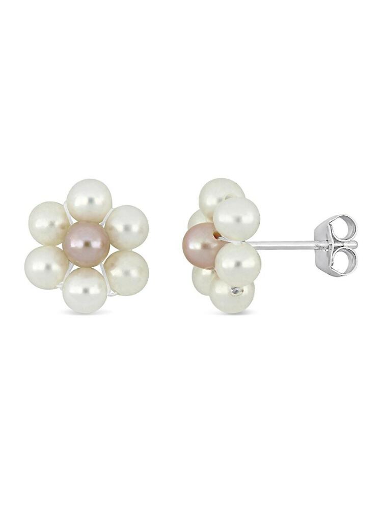 Sonatina Women's Sterling Silver & 3-4MM Freshwater Cultured Pearl Flower Stud Earrings Cover