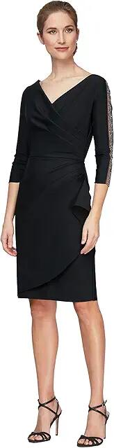 Alex Evenings Short Sheath Dress with Surplice Neckline and Embellished Illusion Sleeve Detail (Black) Women's Dress Cover