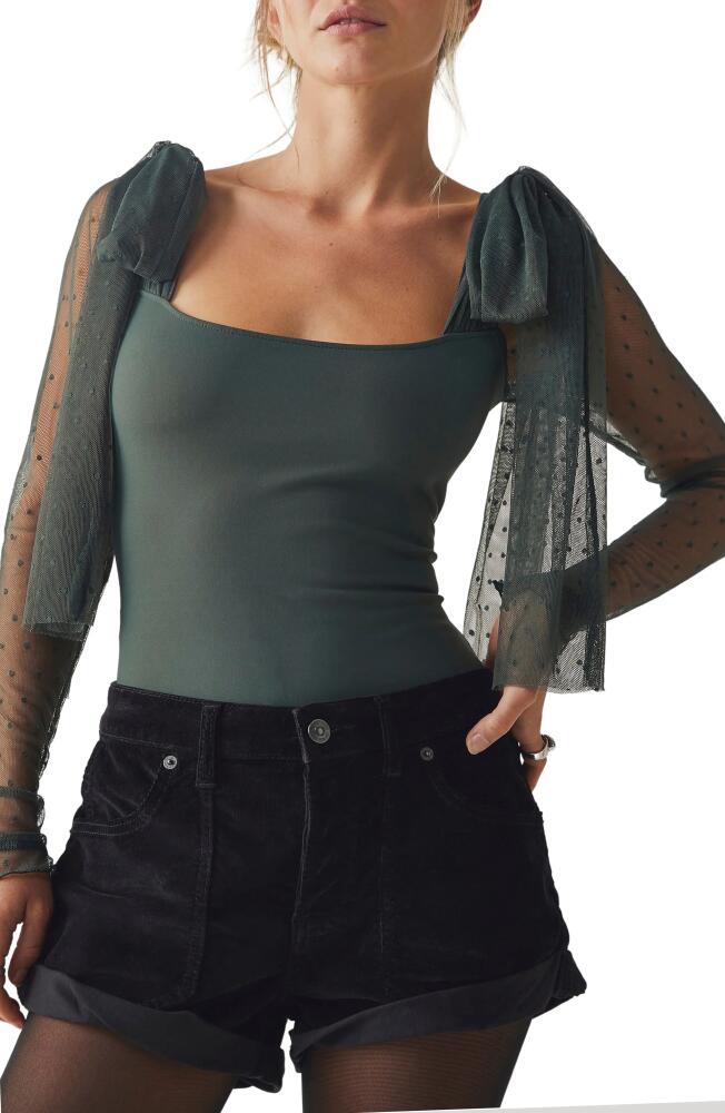 Free People Tongue Tied Mesh Sleeve Tie Shoulder Bodysuit in Green Gables Cover