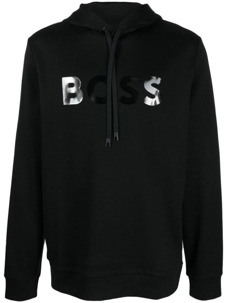 BOSS mirror-effect logo drawstring hoodie - Black Cover