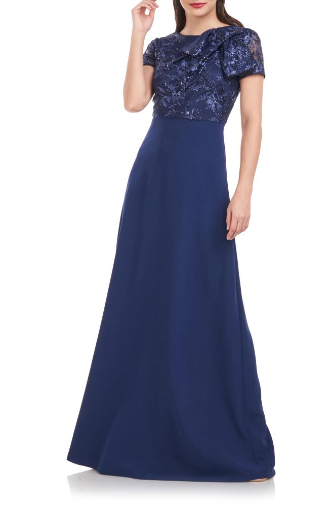 JS Collections Rae Floral Embroidered Bow Detail A-Line Gown in Navy Cover